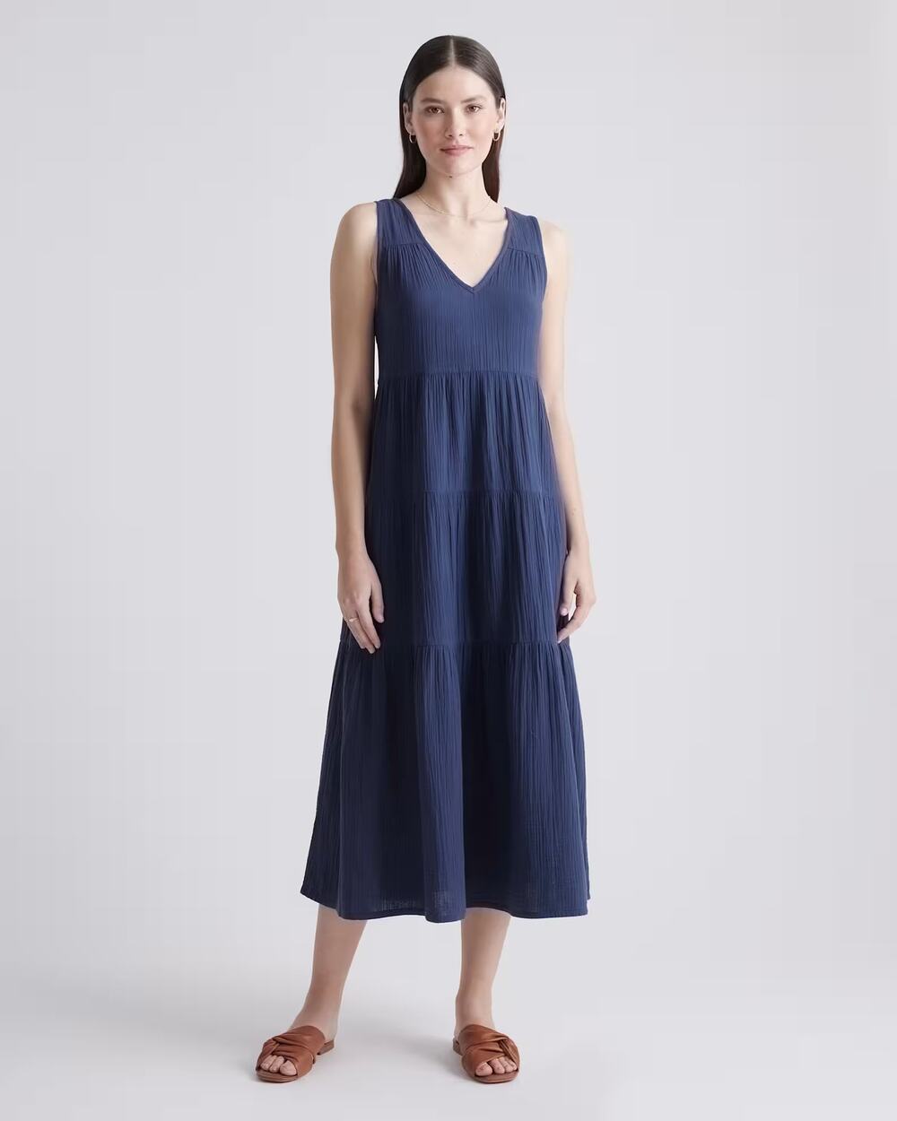Quince Organic Cotton Gauze Tiered Maxi Dress Navy Small Coastal